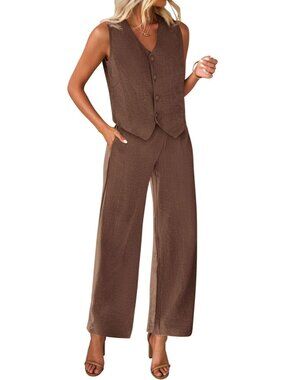 Women's Coffee Polyester Two Piece Button V Neck Wide Leg Pants Suit Blazer
